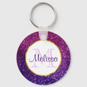 Pink & Purple Sparkling Glitter Gemstones Monogram Keychain