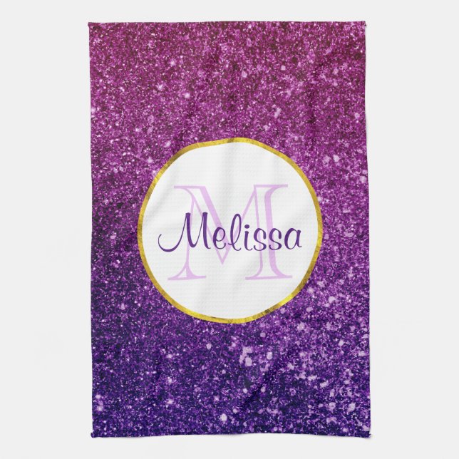 Pink & Purple Sparkling Glitter Gemstones Monogram Kitchen Towel (Vertical)
