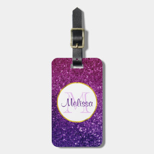 Pink & Purple Sparkling Glitter Gemstones Monogram Luggage Tag