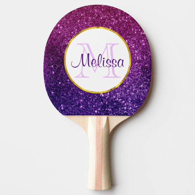 Pink & Purple Sparkling Glitter Gemstones Monogram Ping Pong Paddle (Front)