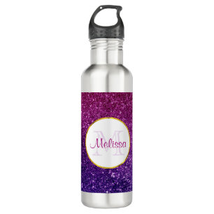 Pink & Purple Sparkling Glitter Gemstones Monogram Stainless Steel Water Bottle