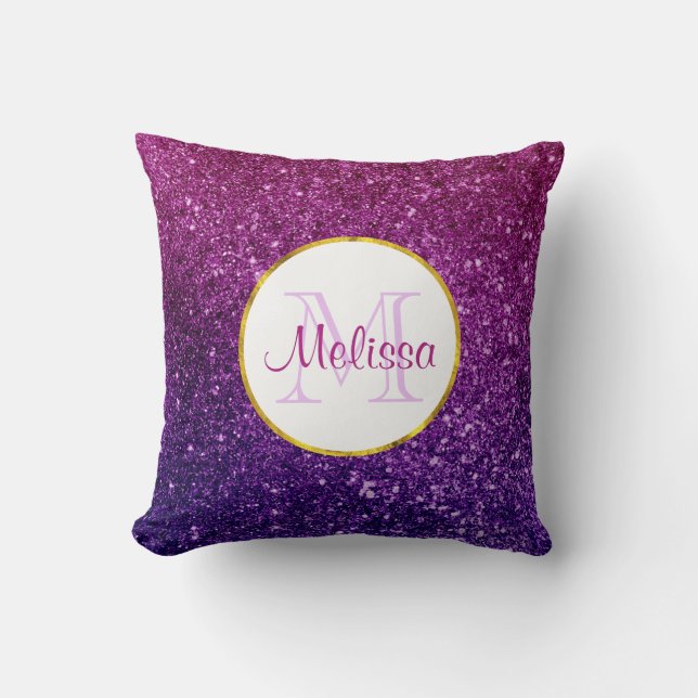 Pink & Purple Sparkling Glitter Gemstones Monogram Throw Pillow (Front)