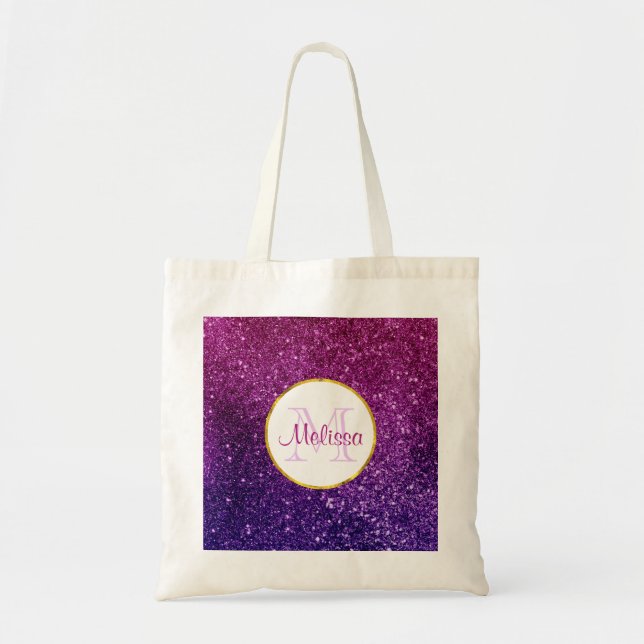Pink & Purple Sparkling Glitter Gemstones Monogram Tote Bag (Front)