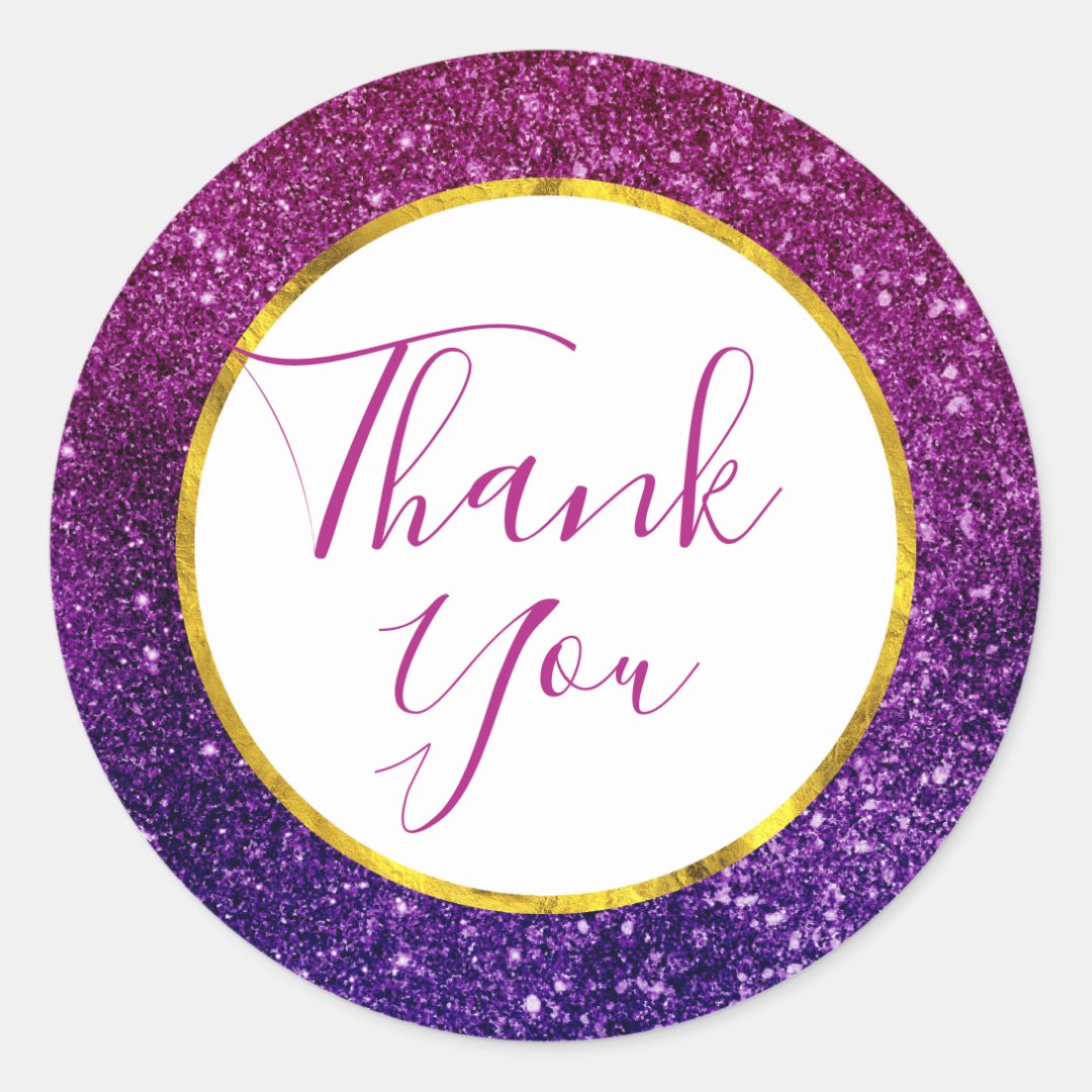 Pink Purple Sparkling Glitter Gemstones Thank You Classic Round Sticker ...