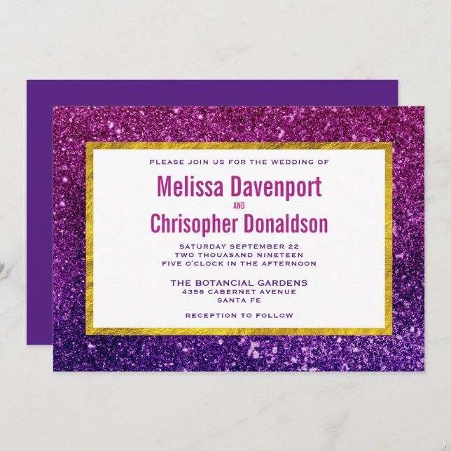 Pink & Purple Sparkling Glitter Gemstones Wedding Invitation (Front/Back)