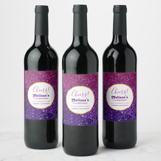 Pink & Purple Sparkling Glitter Gemstones Wine Label (Bottles)