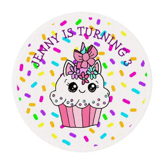 Pink, Purple Sprinkled Unicorn Cupcake Girl's Edible Frosting Rounds (Front)
