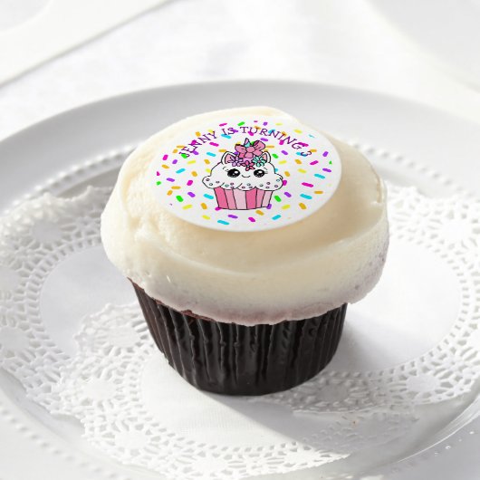Pink, Purple Sprinkled Unicorn Cupcake Girl's Edible Frosting Rounds (Cupcake)