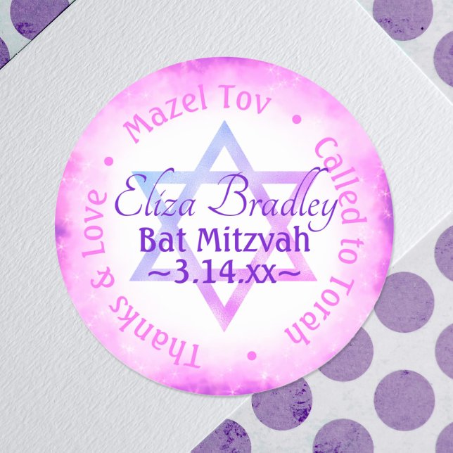 Pink Purple Star Bat Mitzvah Party Favor Sticker (pink party favor personalized bat mitzvah sticker round pink star of david cute girls envelope seal)