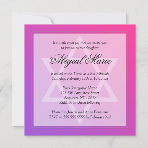 Pink Purple Star of David Bat Mitzvah Square Invitation