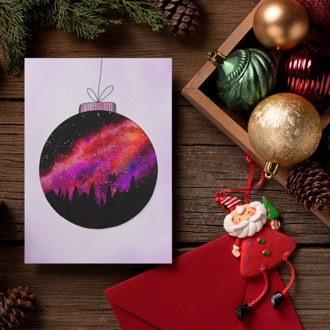 Pink Purple Starry Night Wood Christmas Ball Holiday Card (Creator Uploaded)