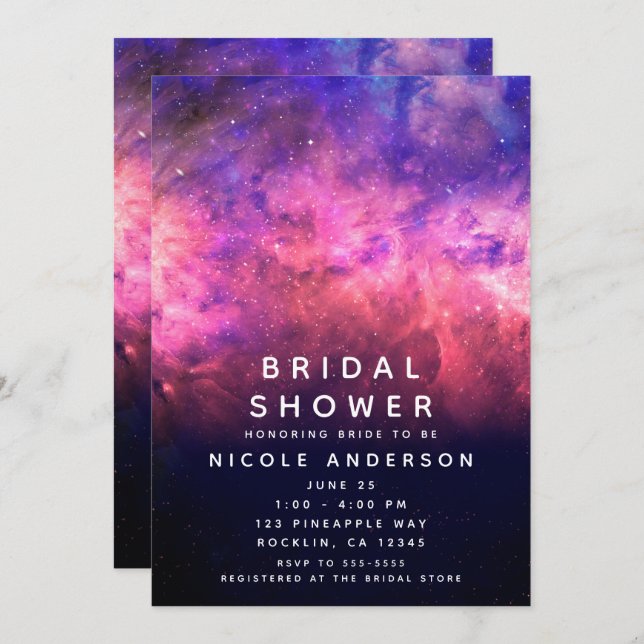 Pink Purple Starry Sky Cosmic Galaxy Bridal Shower Invitation (Front/Back)