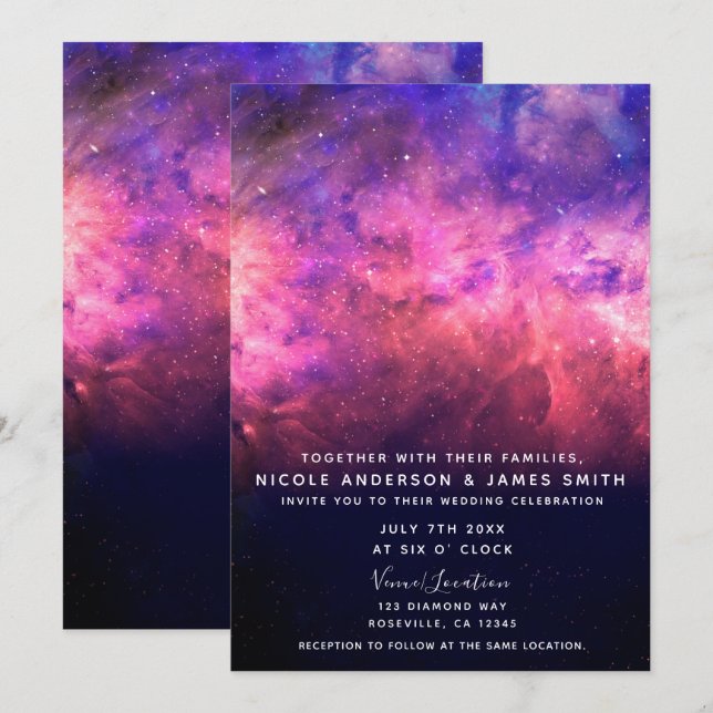 Pink Purple Starry Sky Cosmic Galaxy Sky Wedding Invitation (Front/Back)