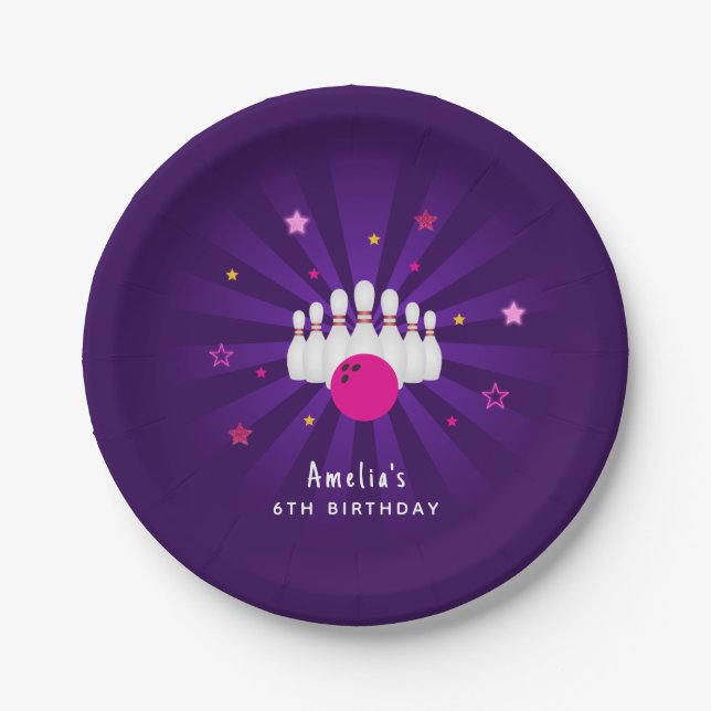 Pink Purple Stars Bowling Birthday Party Paper Plates (Front)