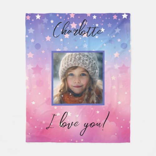 Pink Purple Stars Custom Photo and Name Quote Girl Fleece Blanket