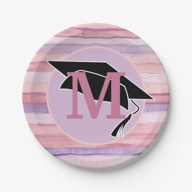 Pink Purple Striped Graduation Cap Monogram Paper Plates (Front)