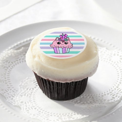Pink Purple Striped Unicorn Cupcake Girls Edible Frosting Rounds