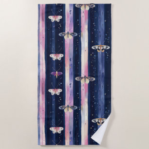 Pink Purple Stripes Butterflies Beach Towel