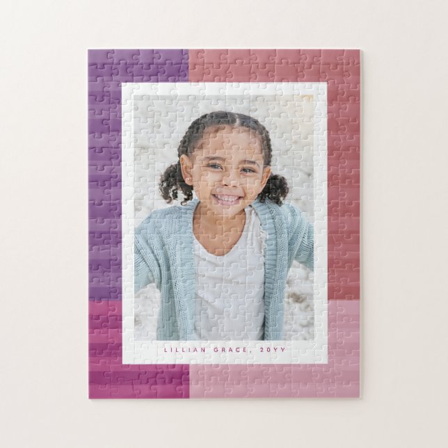 Pink purple stripes cute personalized photo jigsaw puzzle (Vertical)