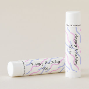 Pink purple stripes happy birthday add name text lip balm
