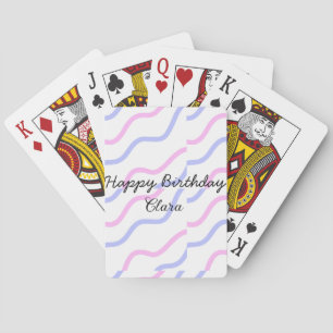 Pink purple stripes happy birthday add name text poker cards