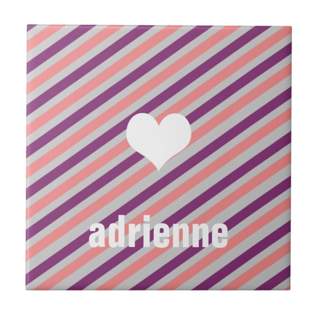 Pink purple stripes heart modern display tile (Front)