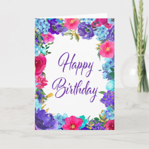Pink Purple Summer Floral Happy Birthday Card
