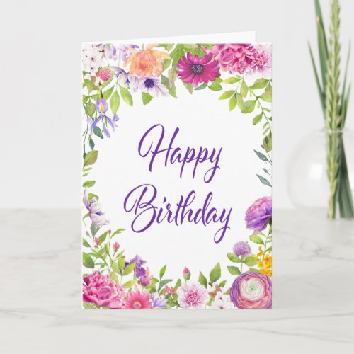 Pink Purple Summer Floral Happy Birthday Card