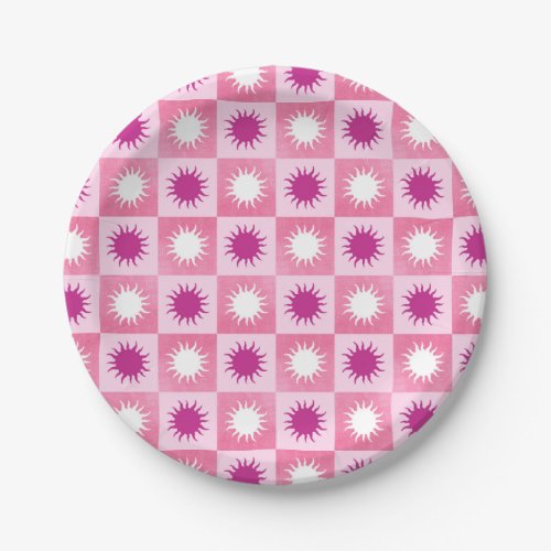 Pink  purple sun checkered pattern paper plates