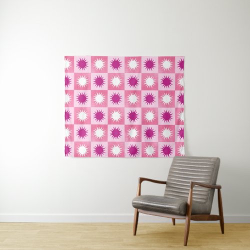 Pink  purple sun checkered pattern tapestry