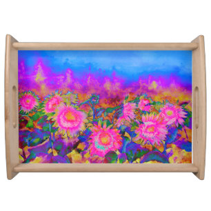 Pink purple sunflower fields watercolor painting serving tray