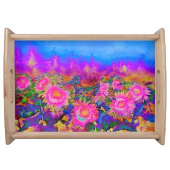Pink Purple Sunflower Fields Watercolor Painting  Serving Tray by Omtastic at Zazzle