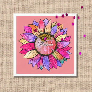 Pink & Purple Sunflower Watercolor Birthday Party Napkins