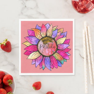 Pink & Purple Sunflower Watercolor Birthday Party Napkins