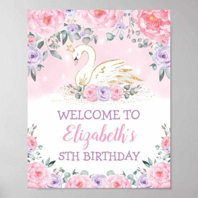 Pink Purple Swan Princess Birthday Welcome Poster (Front)