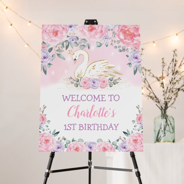 Pink Purple Swan Princess Birthday Welcome Poster (In Situ (Stand))
