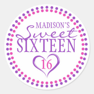 Pink Purple Sweet 16 Envelope Seal Sticker w Heart