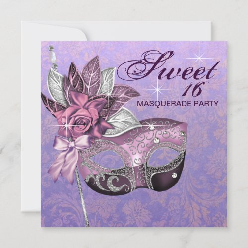 Pink Purple Sweet 16 Masquerade Party Personalized Invites