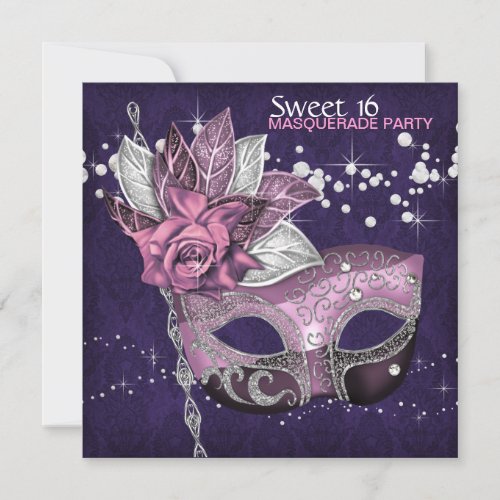 Pink Purple Sweet 16 Masquerade Party Personalized Invitation