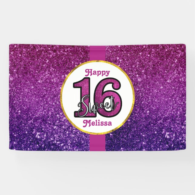 Pink & Purple Sweet 16 Sparkle Glitter Gemstones Banner (Horizontal)