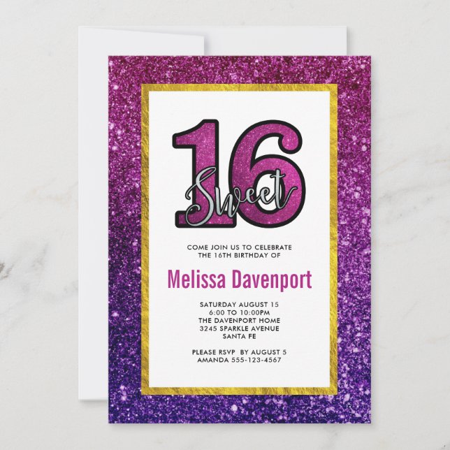 Pink & Purple Sweet 16 Sparkle Glitter Gemstones Invitation (Front)