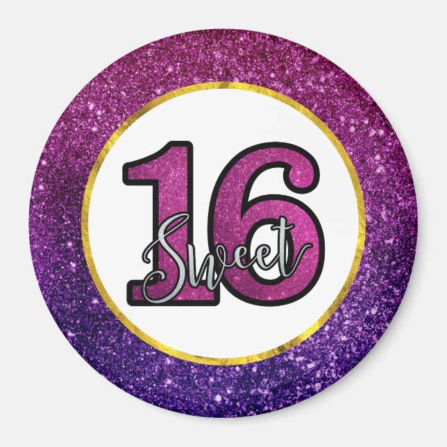 Pink & Purple Sweet 16 Sparkle Glitter Gemstones Magnet (Front)