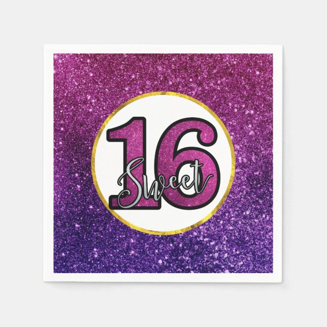 Pink & Purple Sweet 16 Sparkle Glitter Gemstones Napkins (Front)