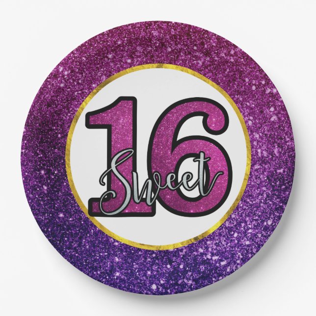 Pink & Purple Sweet 16 Sparkle Glitter Gemstones Paper Plates (Front)