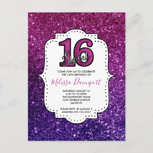 Pink & Purple Sweet 16 Sparkle Glitter Gemstones Postcard (Front)