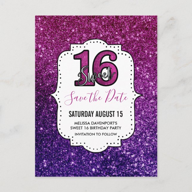 Pink & Purple Sweet 16 Sparkling Save the Date Postcard (Front)