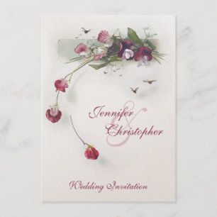 Pink purple sweetpea flowers wedding invitation