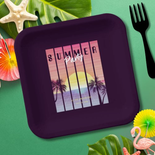 Pink Purple Synthwave Summer Party Paper Plates