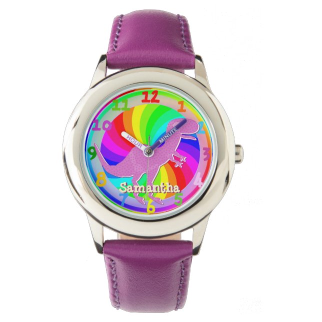 Pink Purple T-Rex Dinosaur Girl Name Samantha Watch (Front)