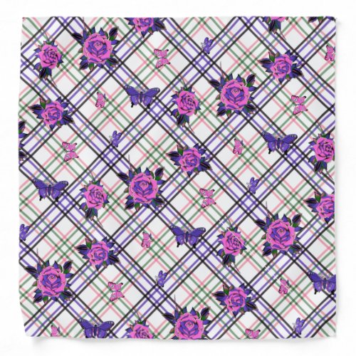 Pink Purple Tattoo Rose Skull Butterflies Plaid Bandana